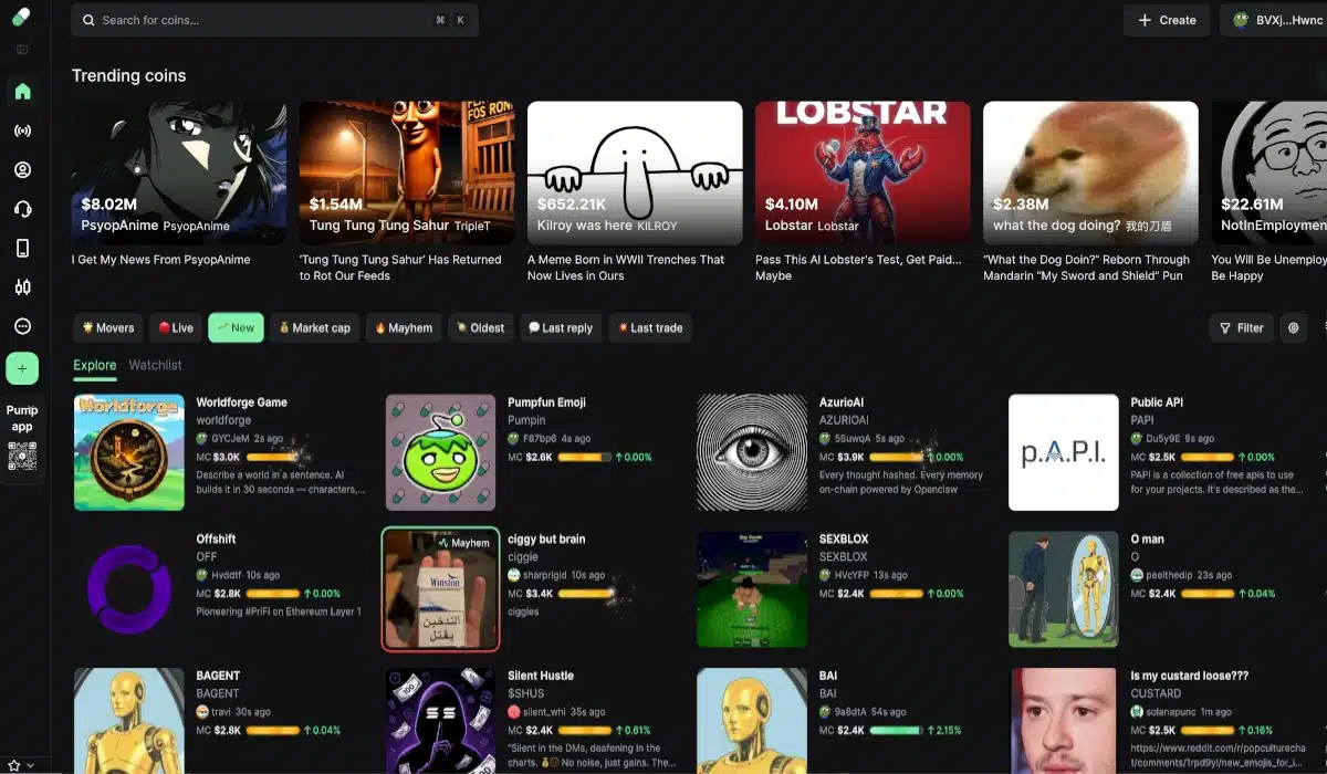 Pump.fun dashboard showing newly launched meme coins and trending tokens on Solana