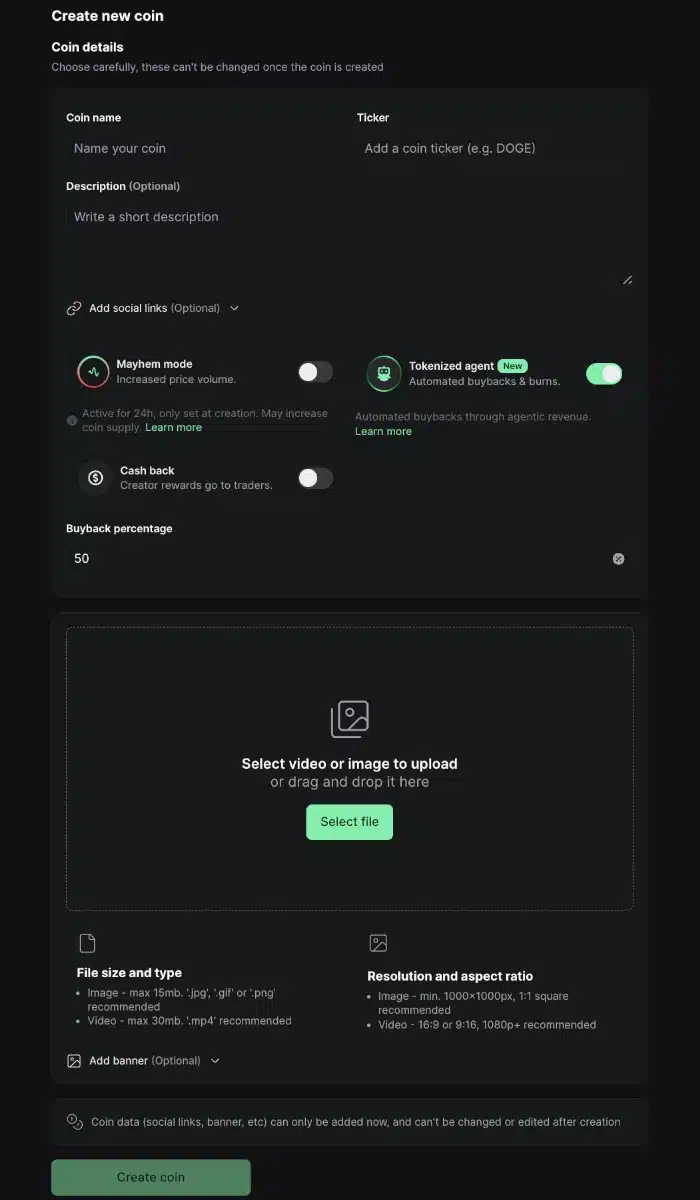 Pump.fun interface used to create and deploy a new meme coin