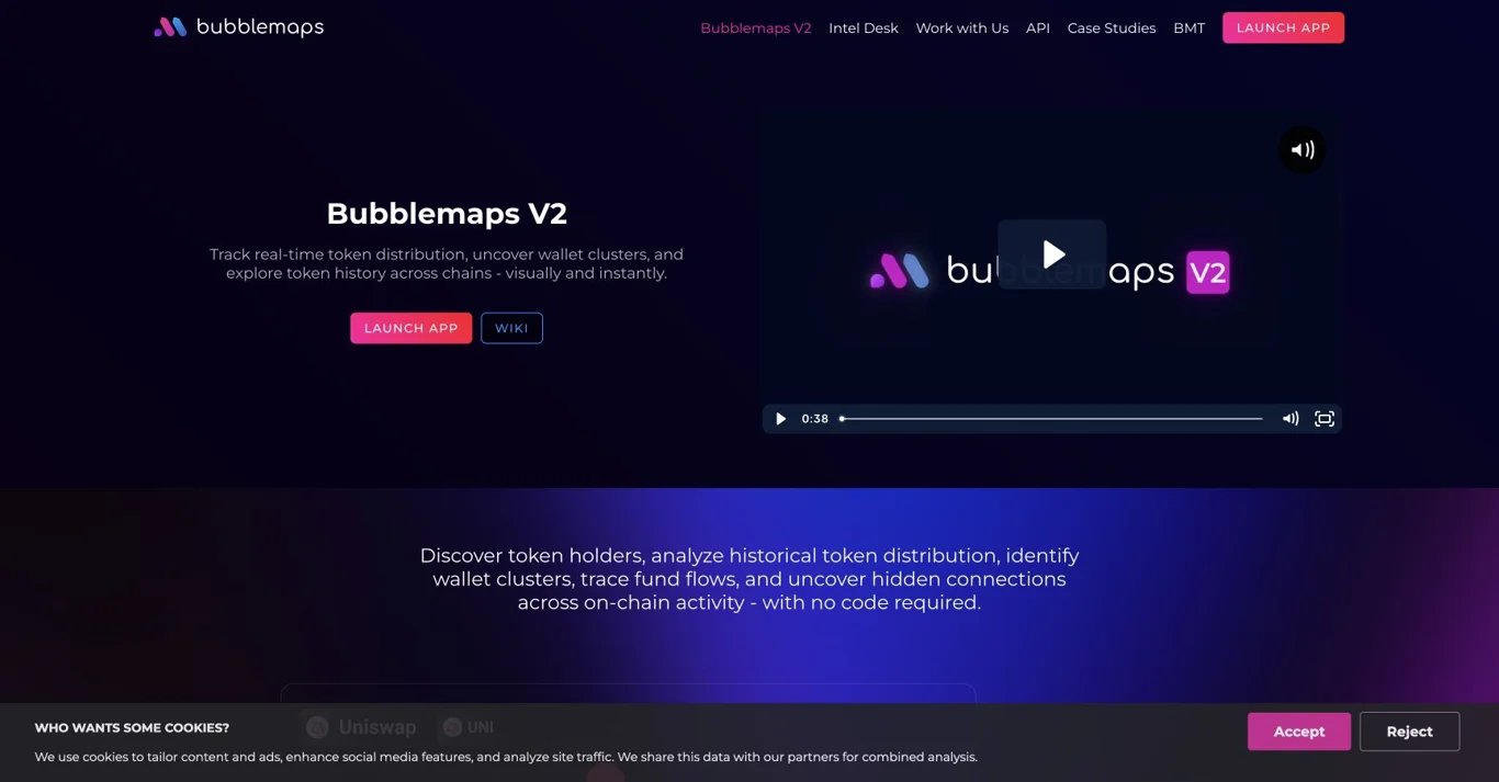 Bubblemaps V2 public product page for token distribution and wallet clusters