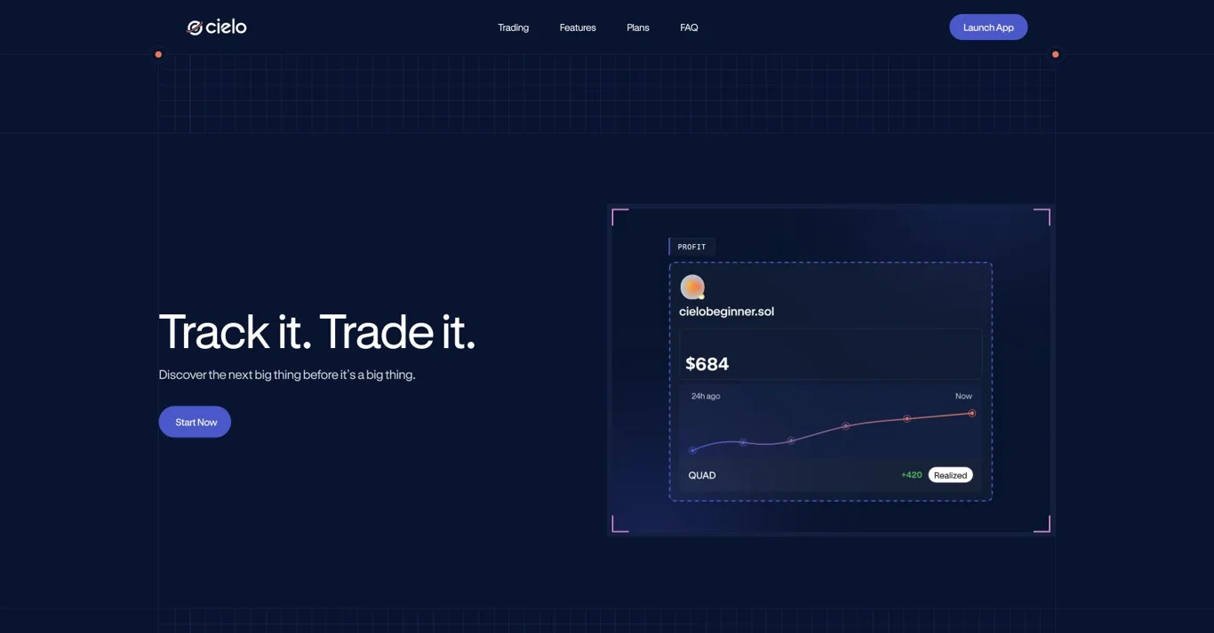 Cielo public homepage introducing wallet tracking and Solana trading