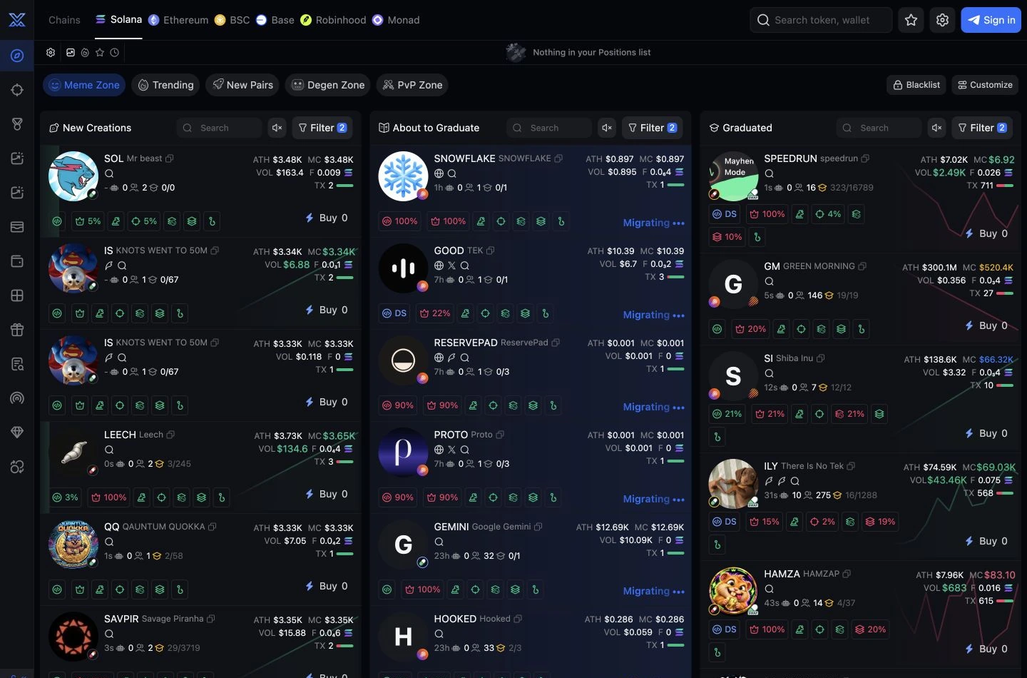 MEVX Solana discovery terminal with chain navigation