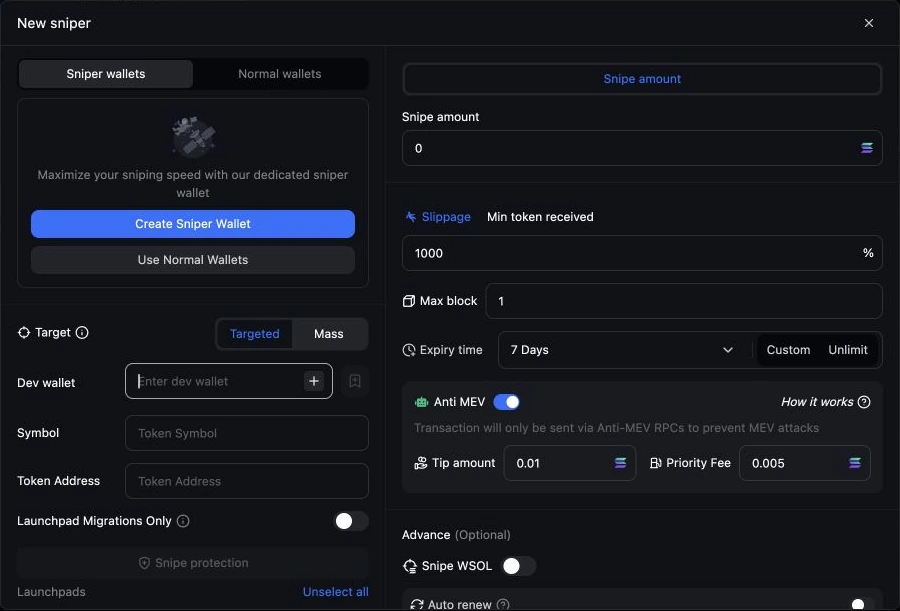 MEVX Solana sniper form showing anti-MEV, priority fee and tip controls