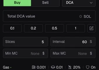 Terminal Solana DCA controls for total value, slices, interval and market-cap bounds.